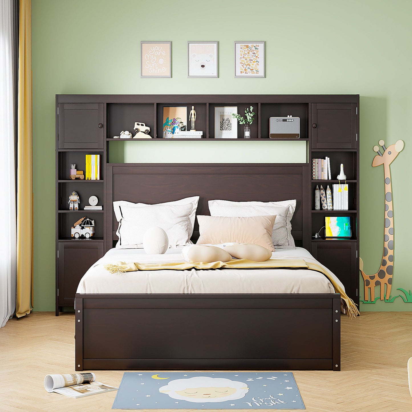 Bed With All In One Cabinet, Shelf And Sockets, Twin Long Trundle