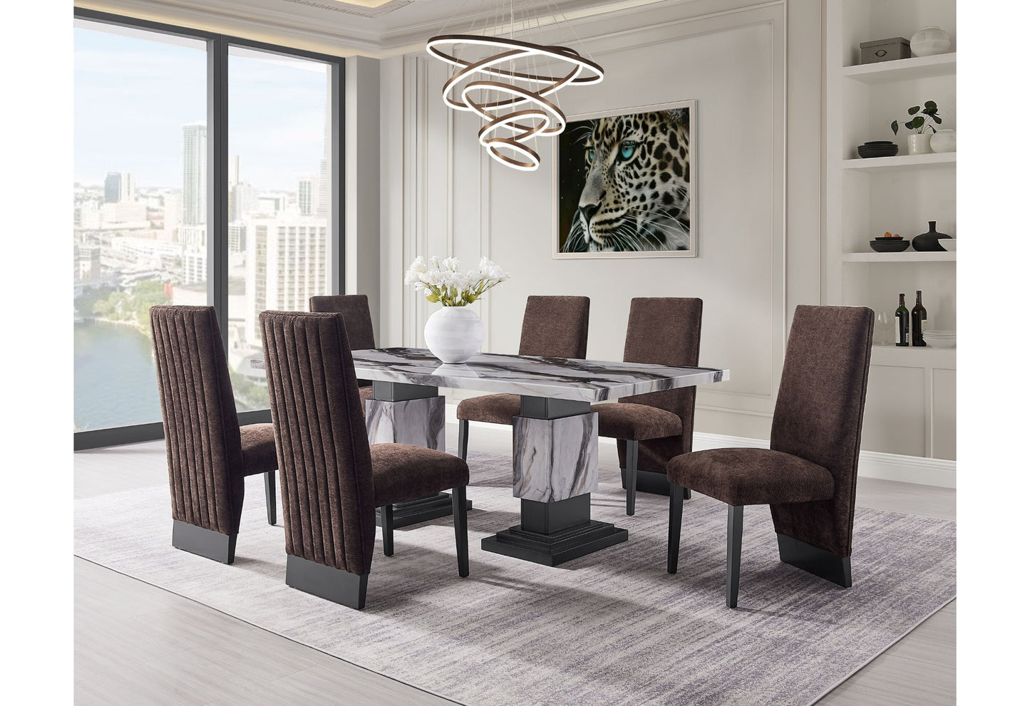 D12 - 7 Piece Dining Room Set (Dining Table And 6 Dining Chairs) - Black / Brown