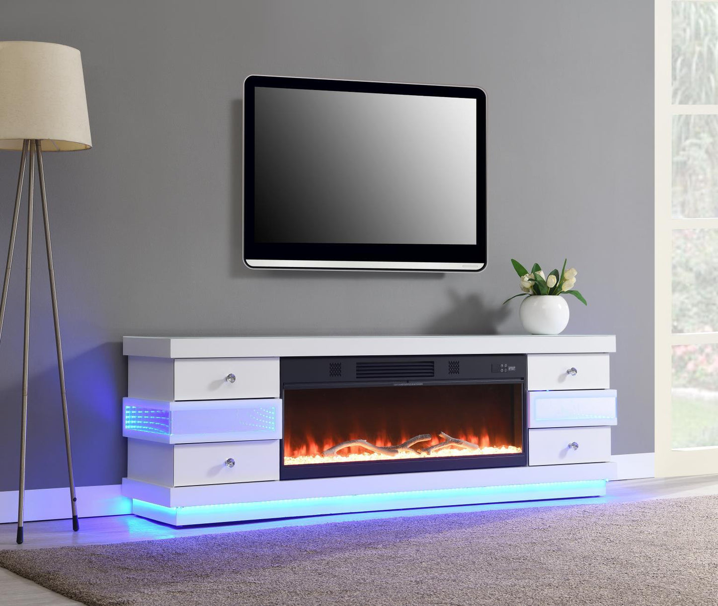 W032-TV - Fire Place TV Stand With Bluetooth Speaker, Heater, Multi Colors, RGB Light - White