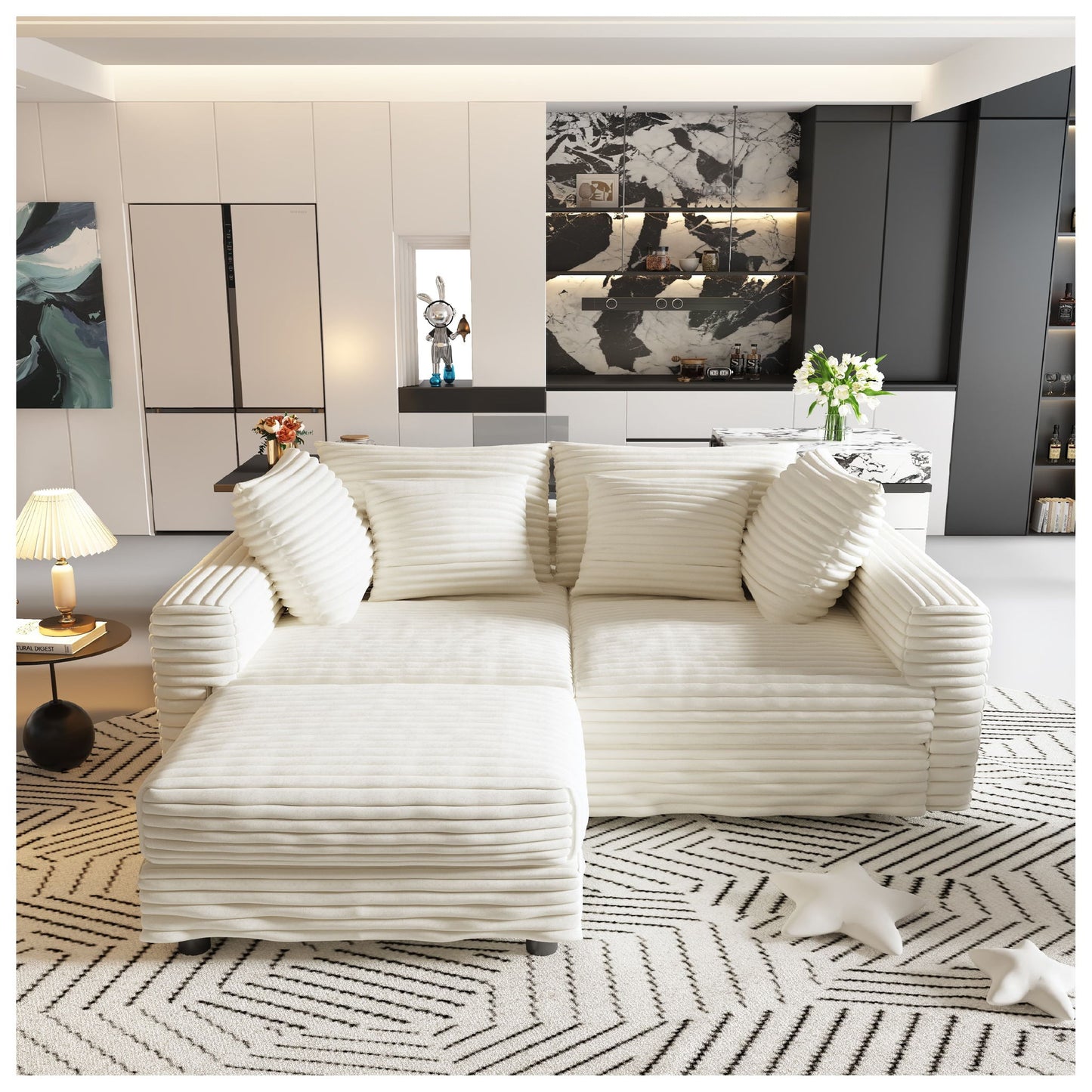 Deep Seat Convertible Sofa With Soft Pillows And Ottomans