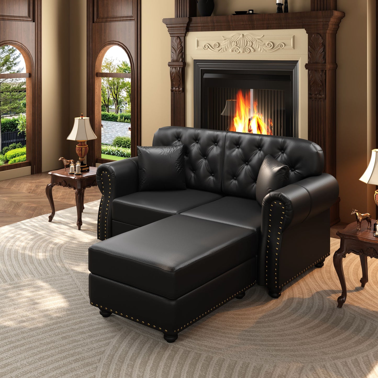 Upholstered Sofa With Nailhead Trim, Rolled Armrests With Ottoman