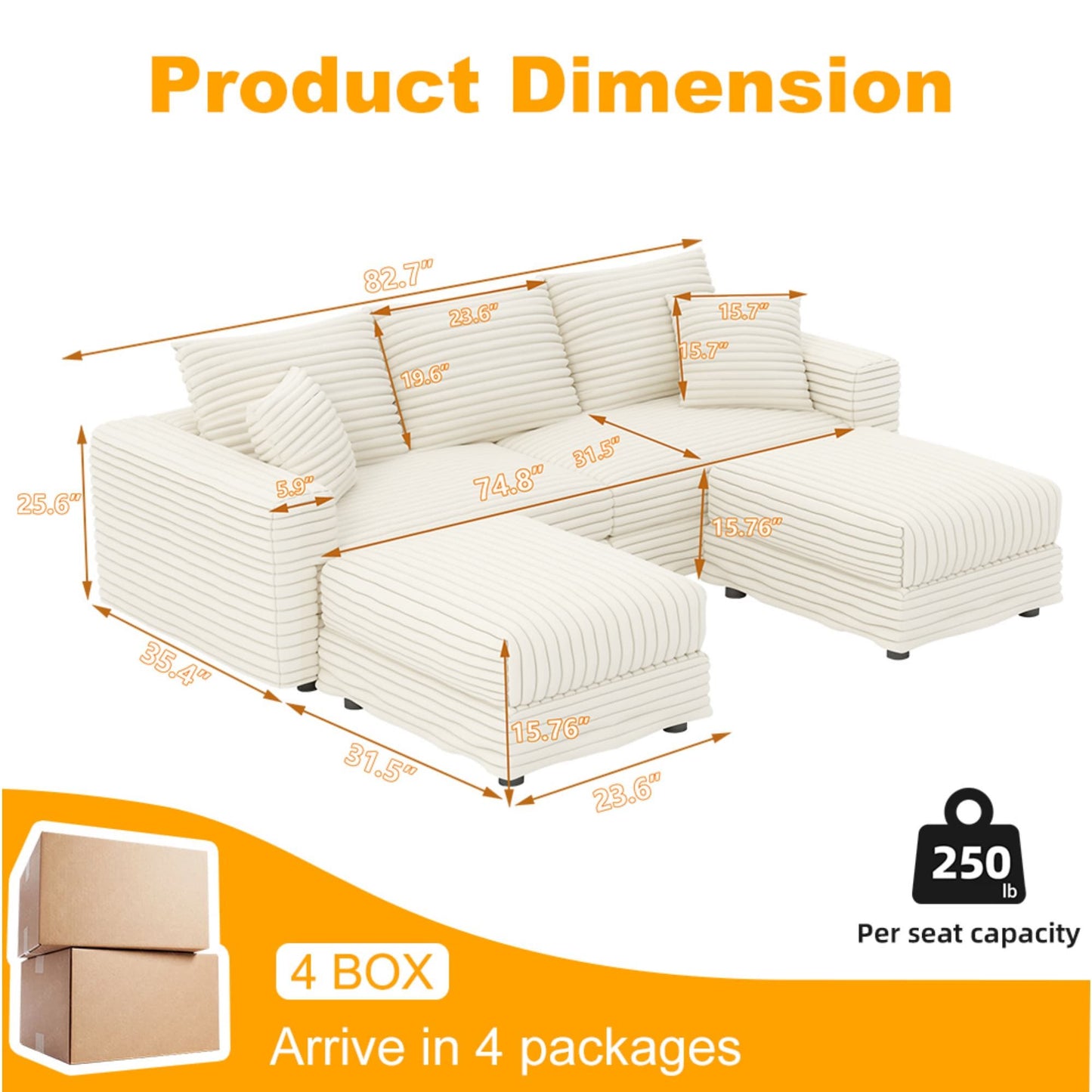 Deep Seat Convertible Sofa With Soft Pillows And Ottomans