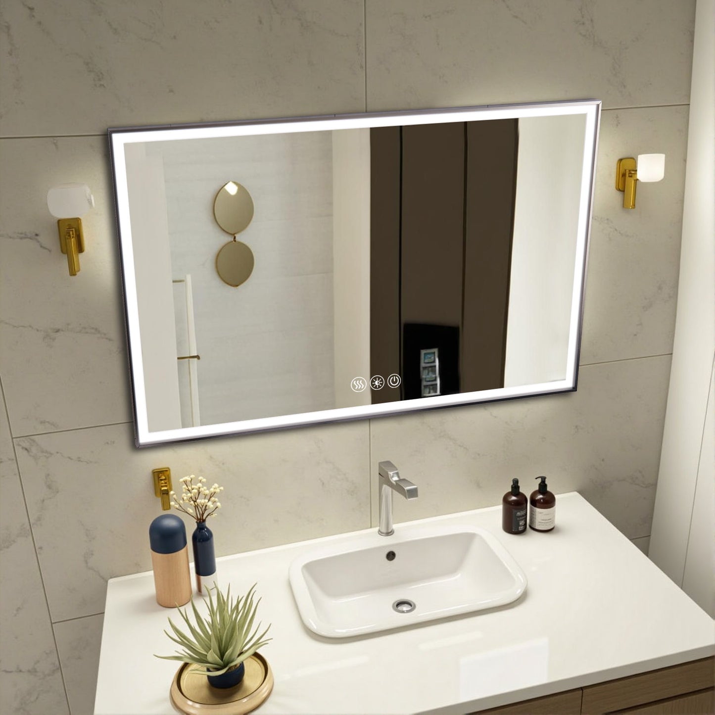 Modern LED Bathroom Vanity Mirror With Aluminum Frame, 45° Beveled Lights, Anti Fog - Silver