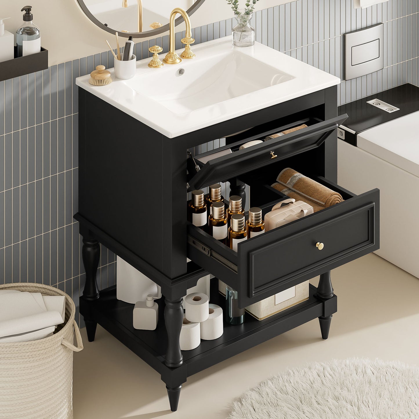 Bathroom Vanity With Sink, 2 Drawers Storage Cabinet, Open Shelf