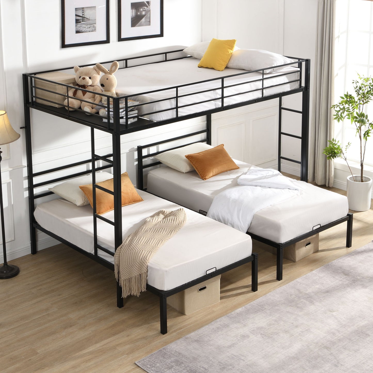 Modern Metal Triple Bunk Bed With Vertical Ladder, Safety Rail, And Storage Shelf - Black