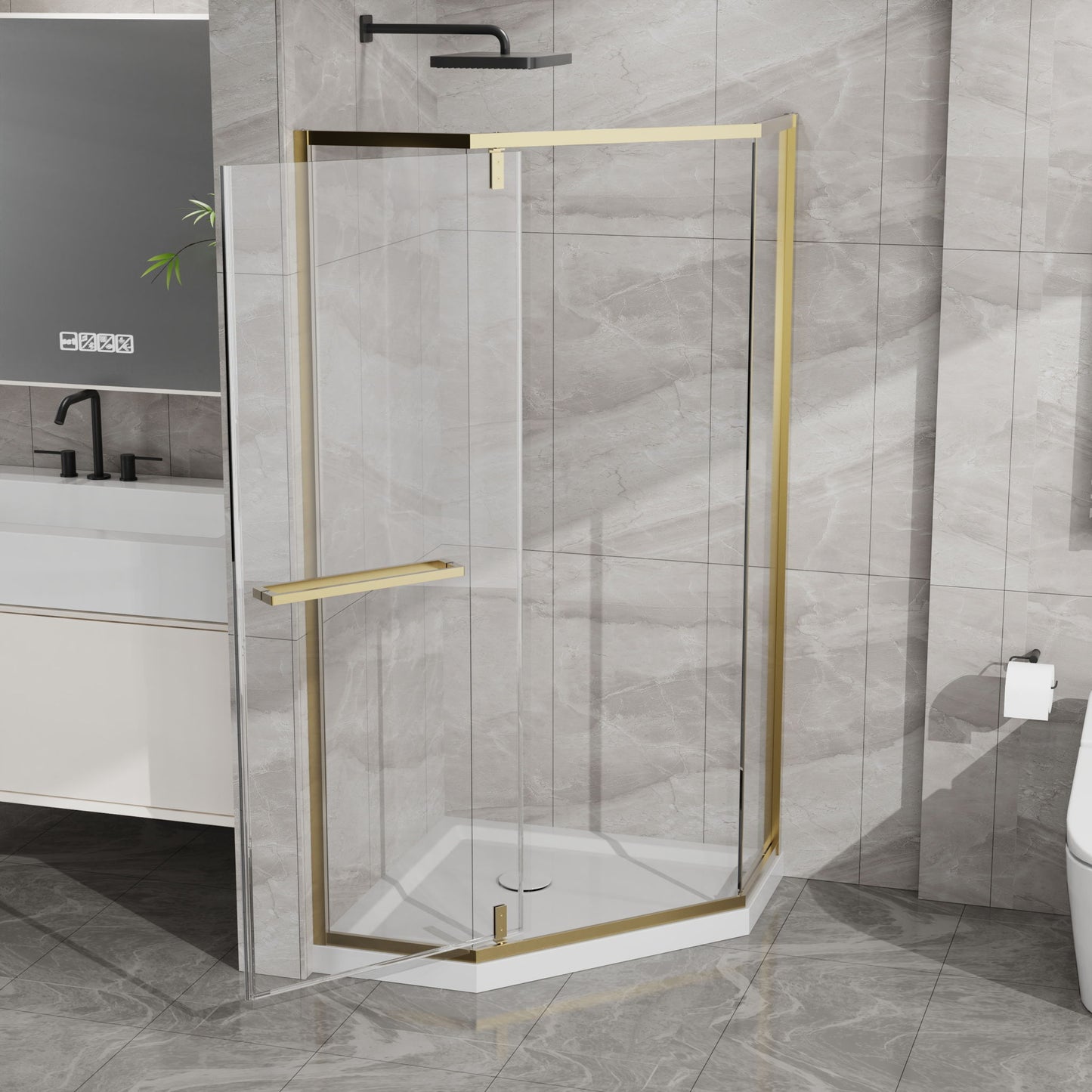 Goodyo - Neo-Angle Frameless Shower Door Corner Enclosure With Acrylic Shower Base Combo, Pivot Shower Door