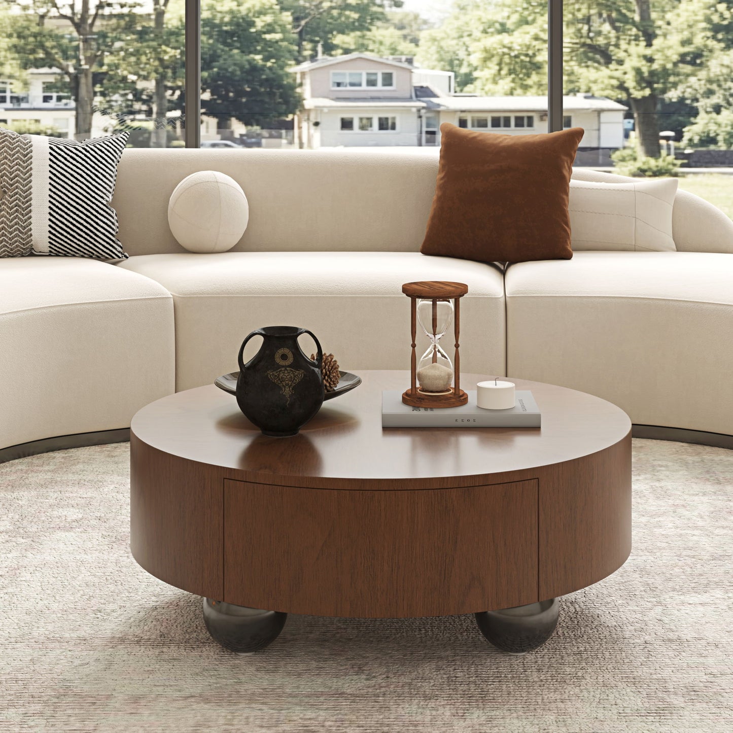 Drum Shaped Coffee Table With Hidden Storage Drawer, Low Profile For Living Room - Walnut