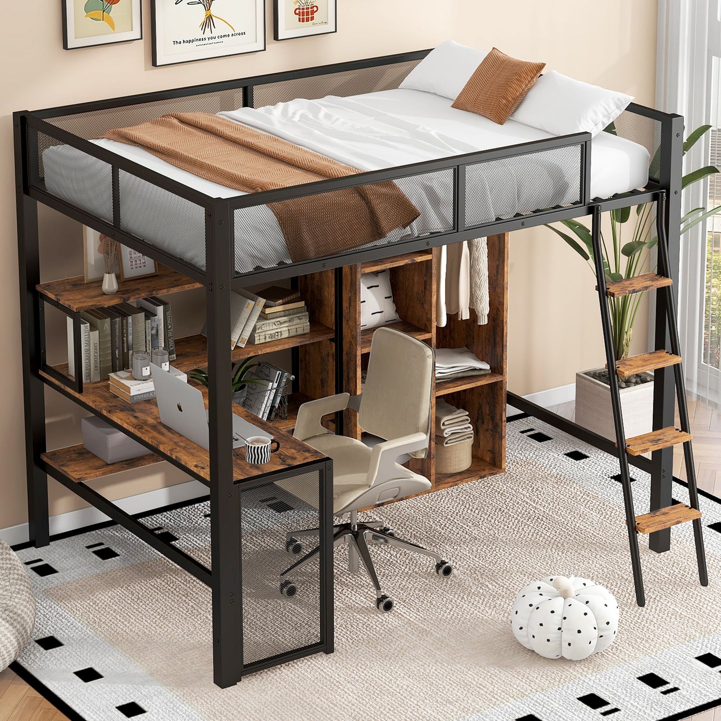 Full Size Loft Bed With Built In Desk, Wardrobe, And Shelves - Black