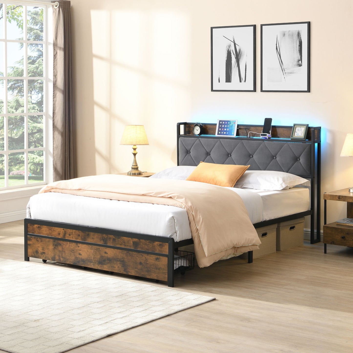 Modern Bed Frame With LED Lights, Upholstered Headboard, USB Charging