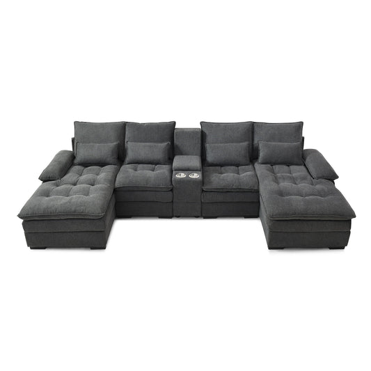 Contemporary U Shaped Sofa With Console And Cupholders