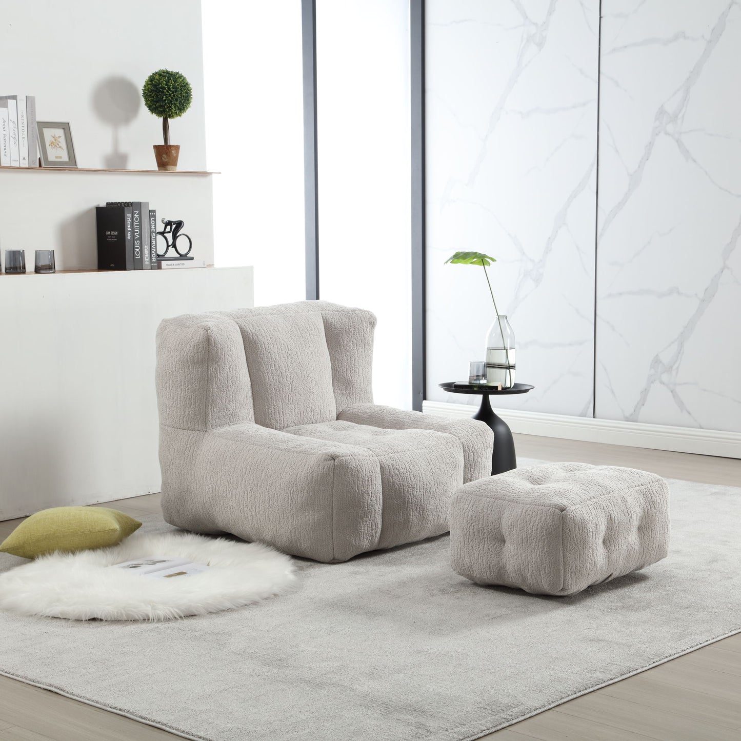 Modern Indoor Fluffy Bean Bag Chair With Memory Foam And Ottoman, Super Soft