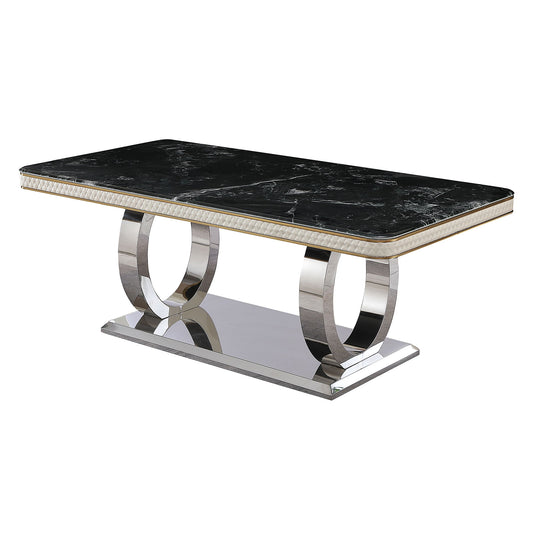 Luxury Modern Dining Table With Faux Marble Top And Dual Circle Base - Black
