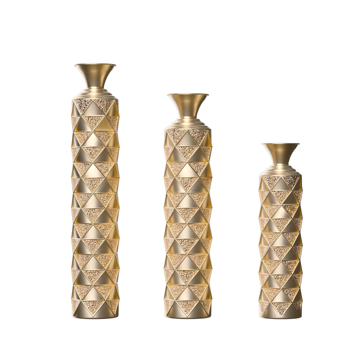 Metal Decorative Vase High Distress Metal Center Vase With 3D Triangle Pattern, (Set of 3) Vases For Home Decoration - Gold