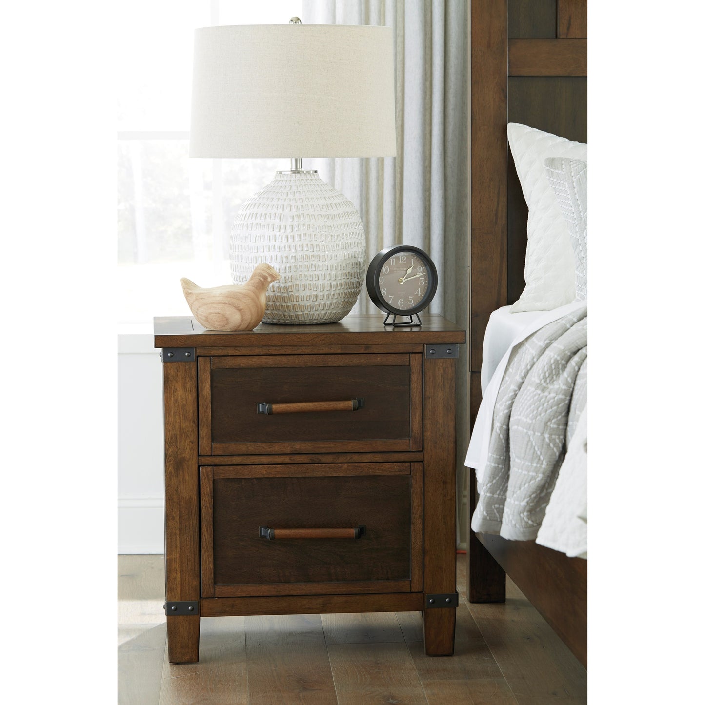 Two-Tone Mango Veneer 2-Drawer Nightstand w/ Outlets and USB Ports