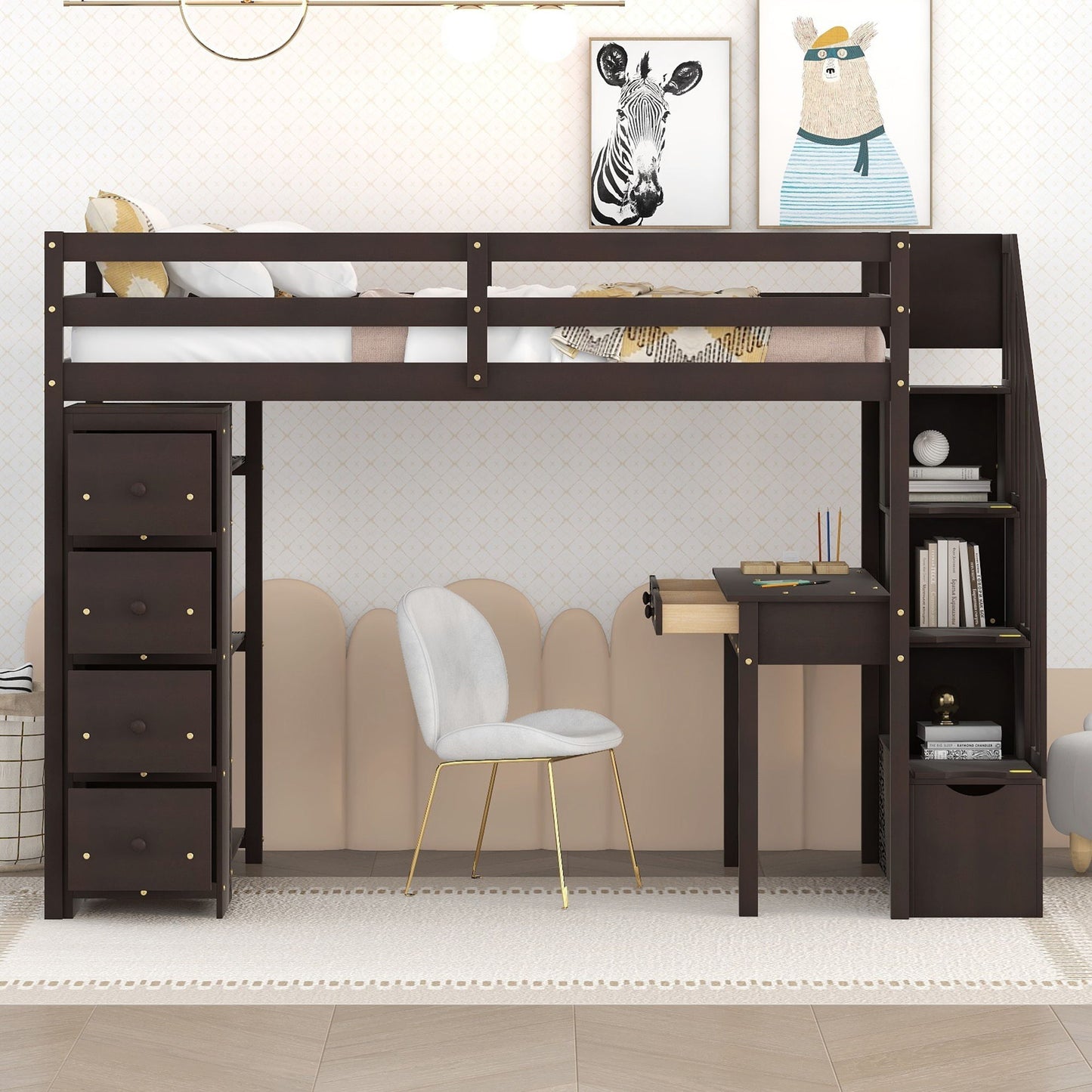 Loft Bed With Storage Drawers, Desk And Stairs With Shelves
