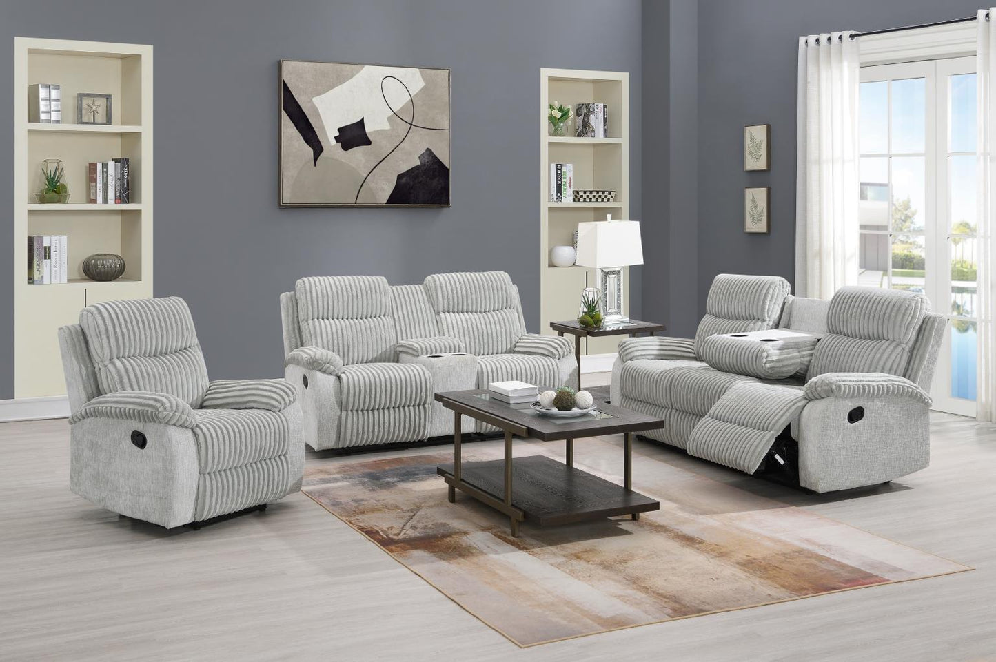U182 - Corduroy Motion Sofa With Drop Down Table - Gray