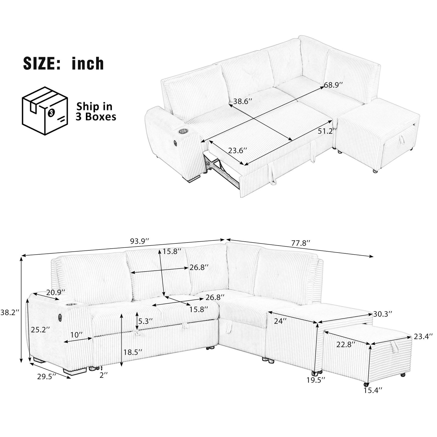Pull-Out L-Shaped Sectional Sofa With Movable Ottoman And Stool, Large Storage Space, A Cup Holder, And 2 USB Ports For Living Room