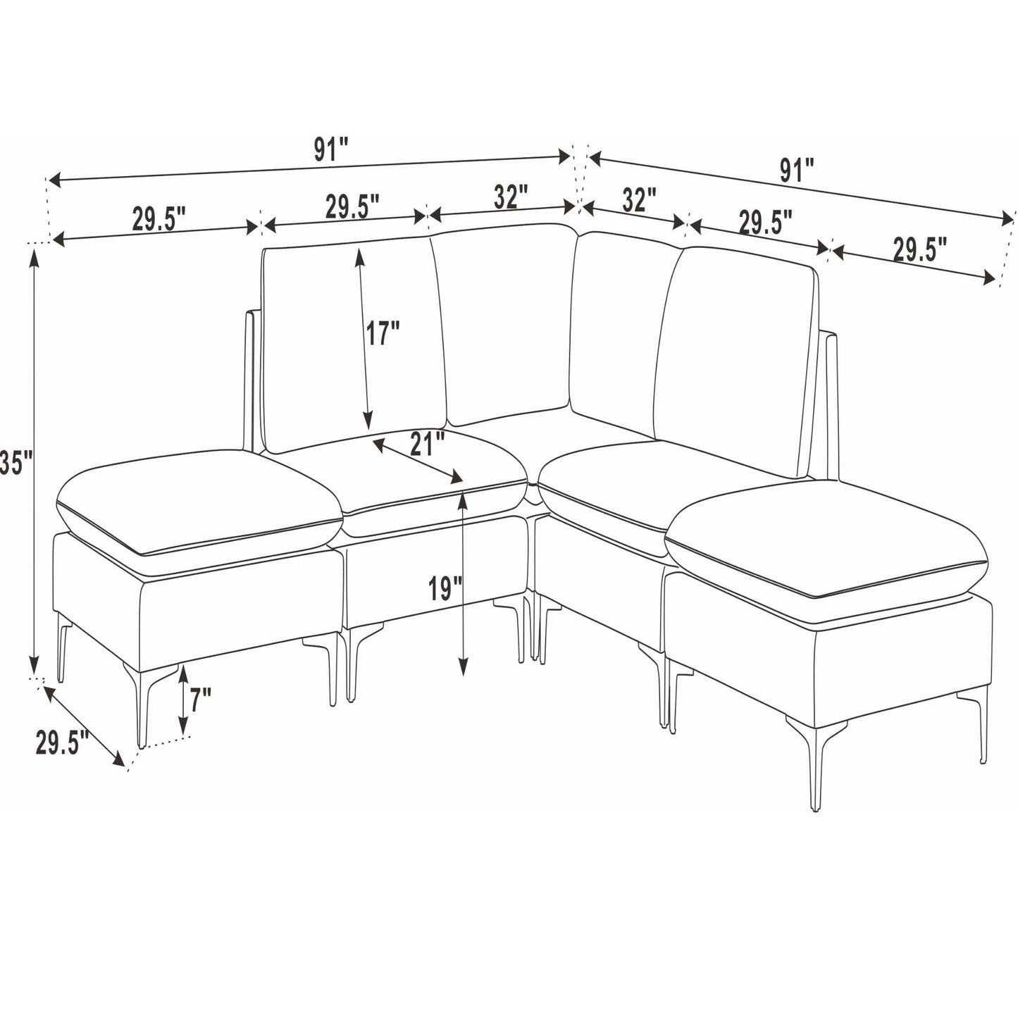 Upholstered Modular Sectional With Tall Legs, Medium Firm Seat