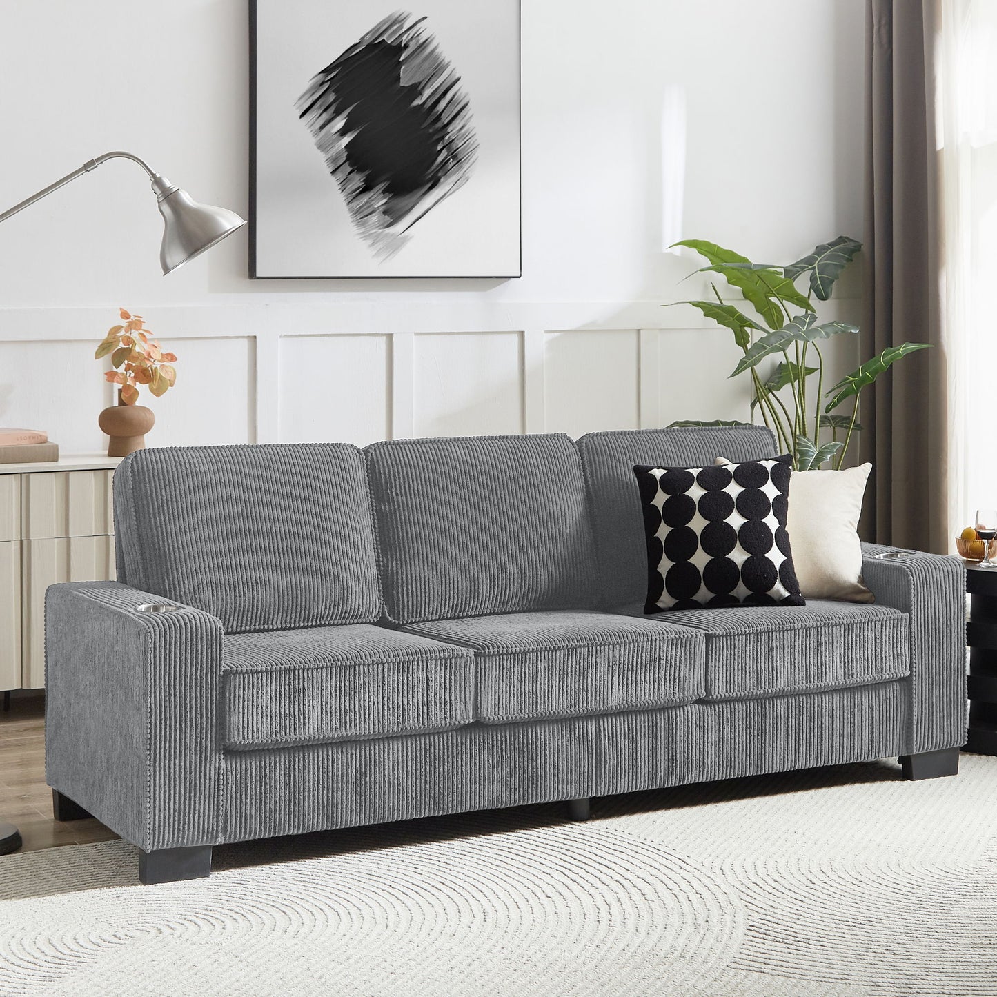 Modern Corduroy Fabric Sofa, 3 Seater Compressed Couch With Cup Holders