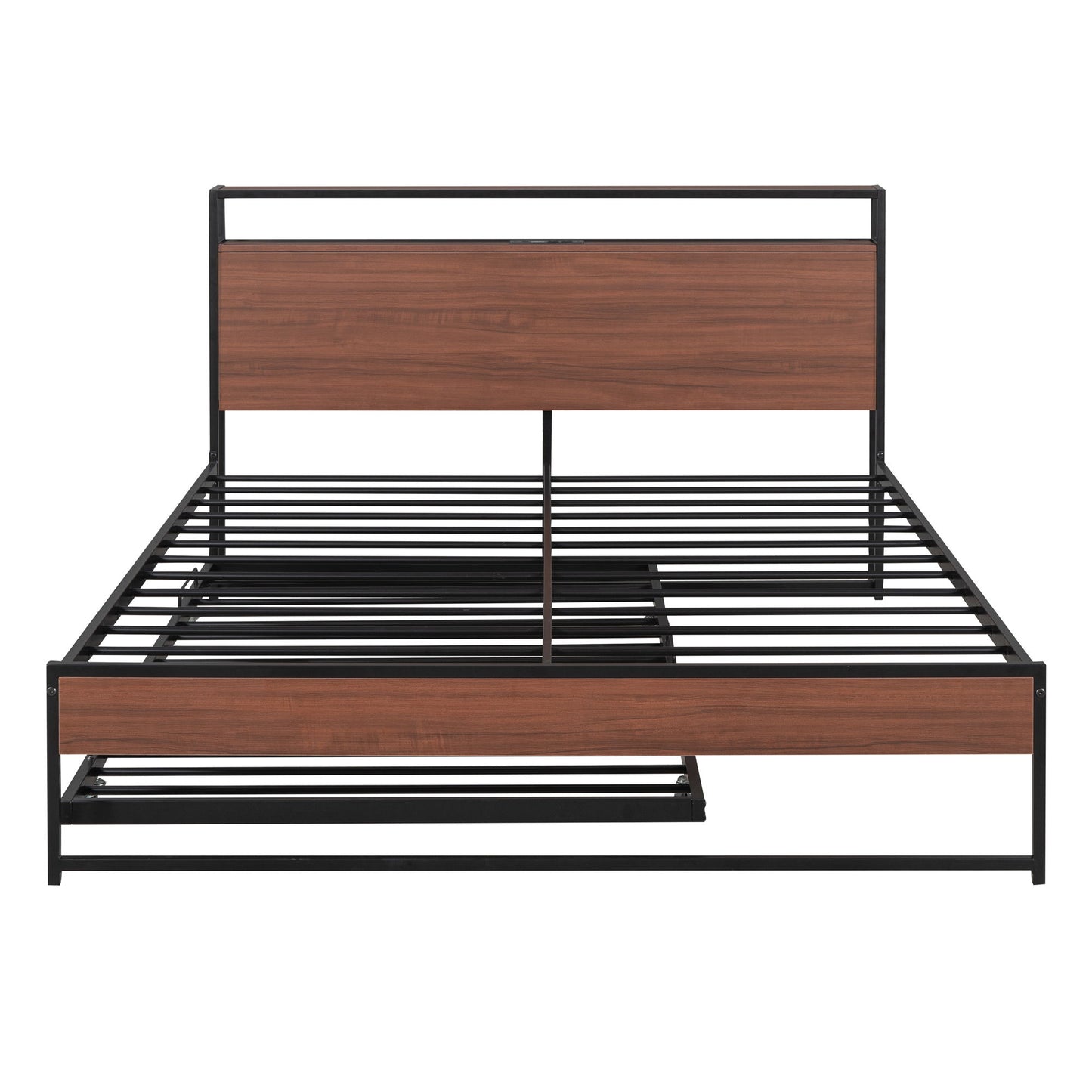 Platform Bed Frame With Trundle, USB Ports And Slat Support, No Box Spring Needed
