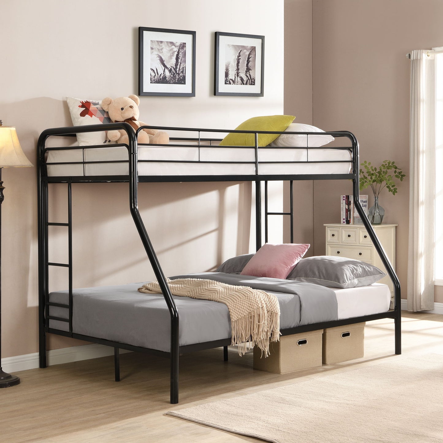 Modern Twin Over Full Metal Bunk Bed With Trundle And Dual Side Ladder And Metal Design - Black / Brown