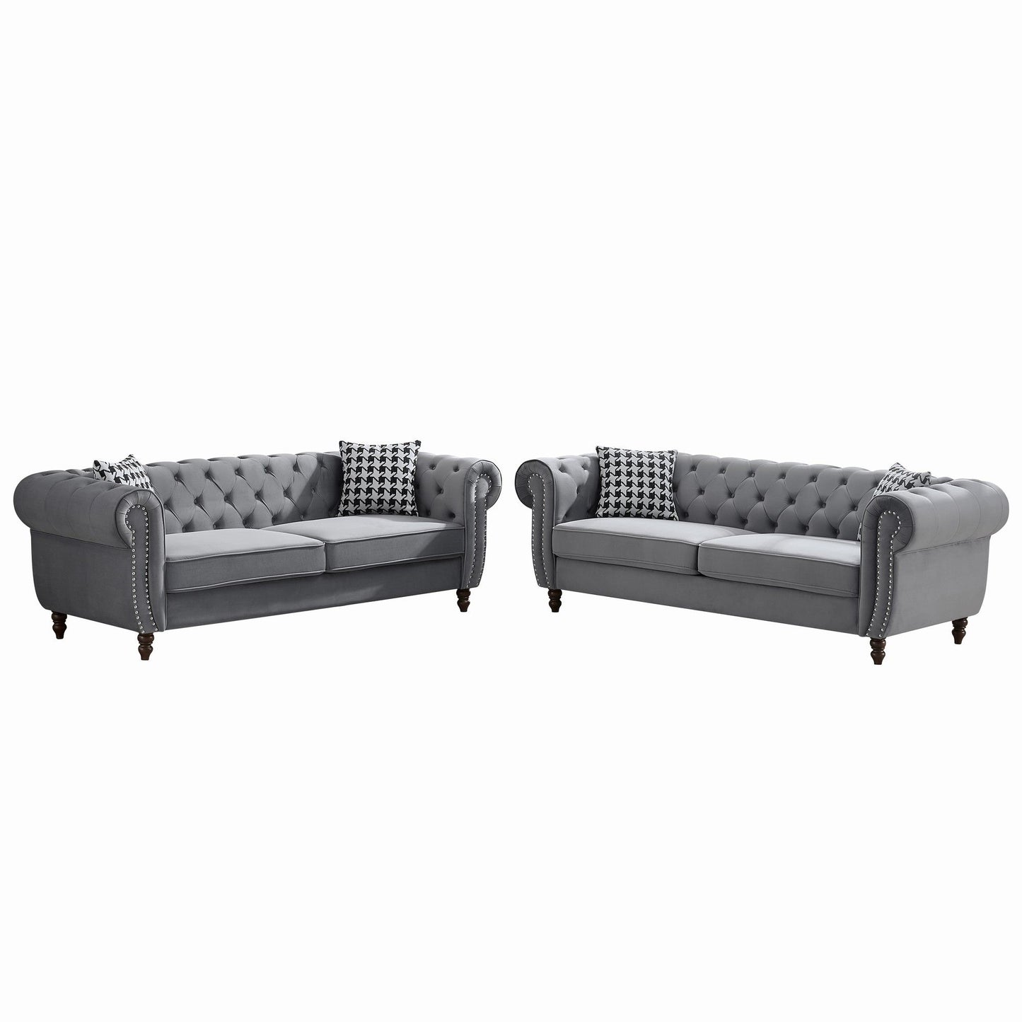 Chesterfield Upholstery Fabric Sofa With Roll Armrest & Nailhead, Mid Century Modern 3 And 3 Seater Couch