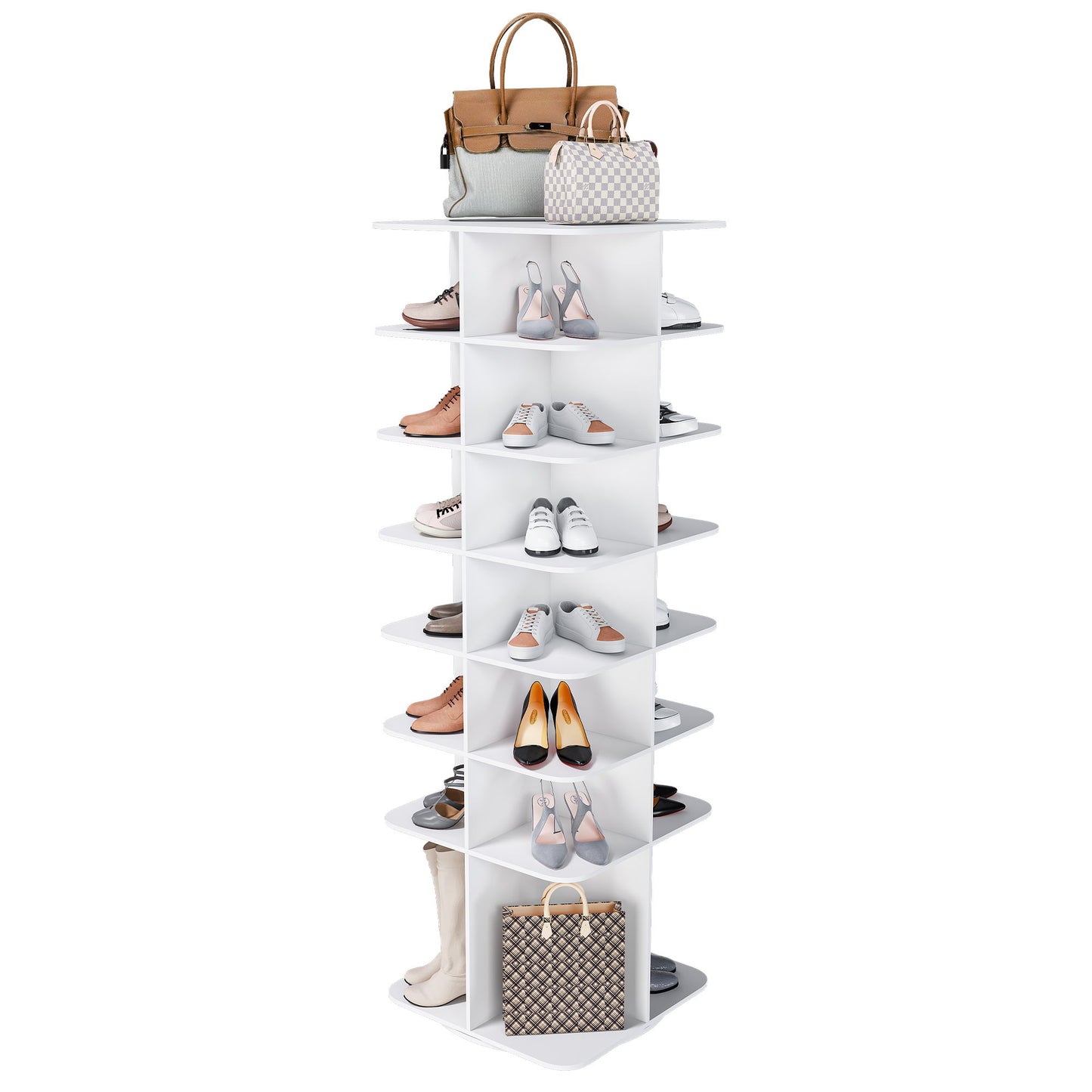 7 Tier Square Rotating Shoe Rack Tower With 360° Spinning Organizer - White
