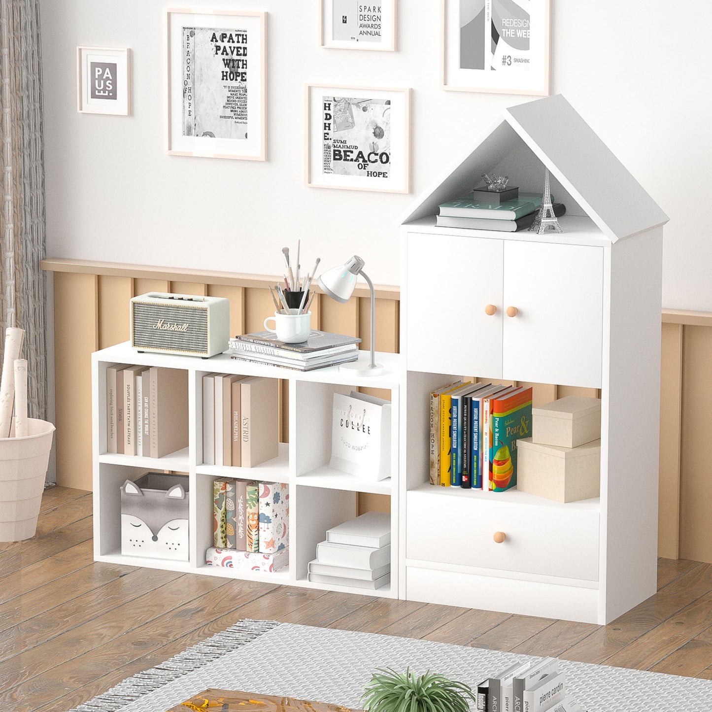 Versatile Children's Bookshelf With House Shaped Design, Multi Functional Storage