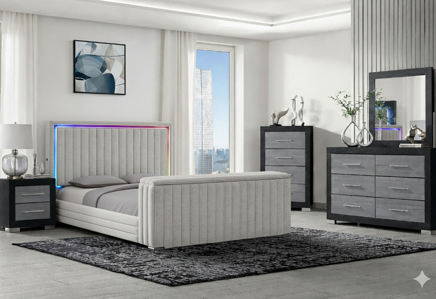 Elias - 5 Piece King Bedroom Set TV Footboard - Light Gray / Natural / White