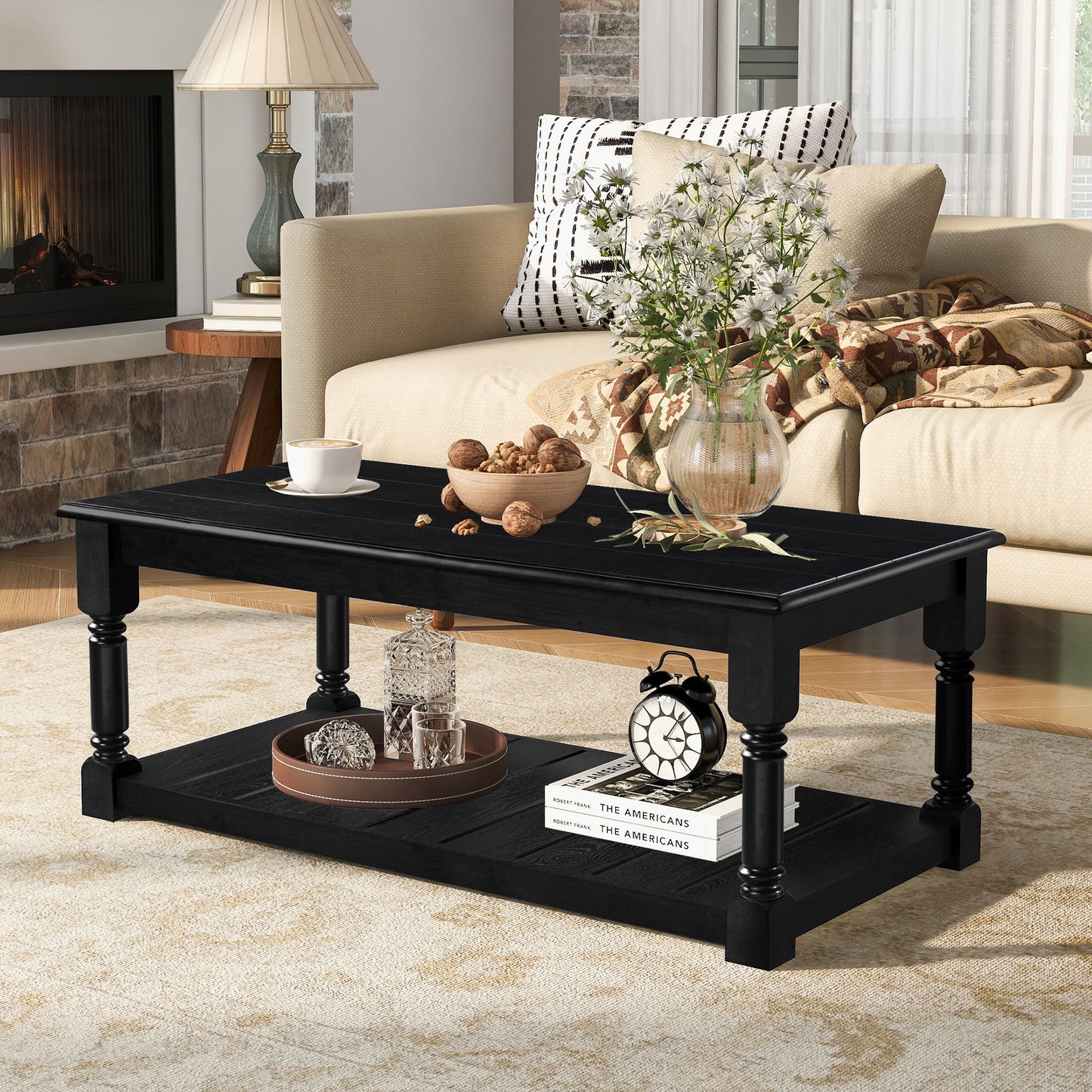 Coffee Table With Slatted Lower Shelf For Living Room