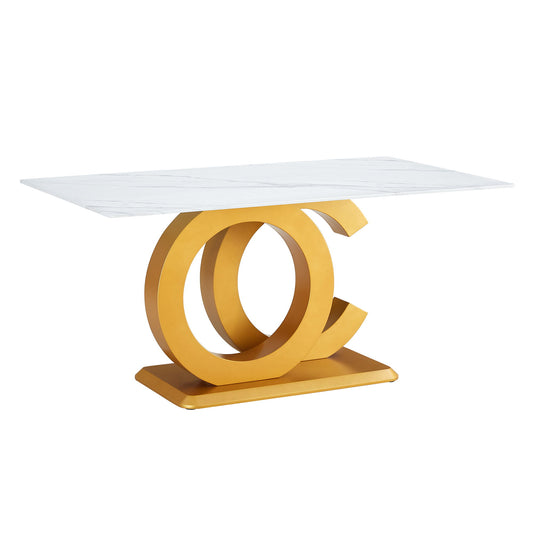 Modern Minimalist Rectangular Dining Table For 6 - 8 People With Brackets And Aureate Base - Gold