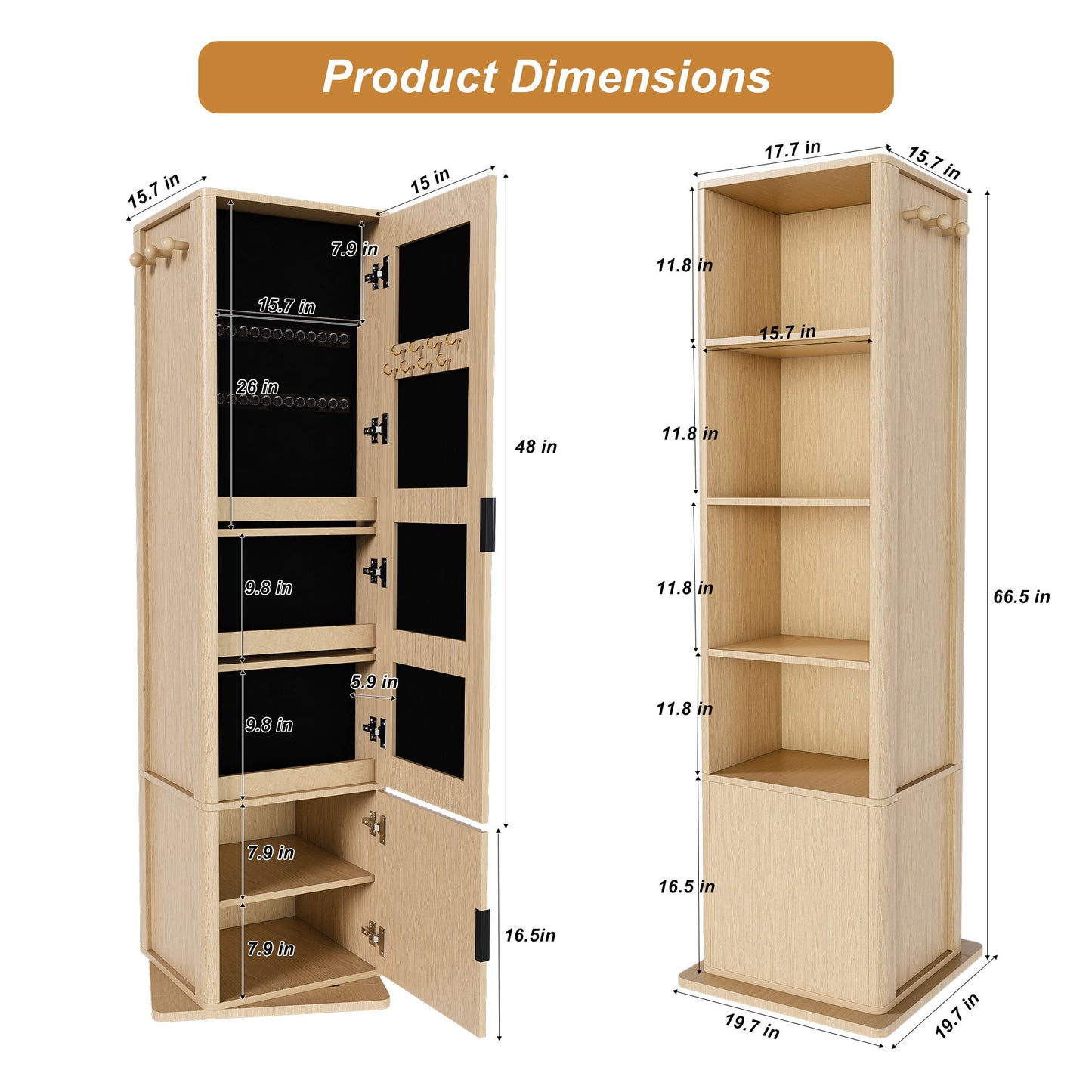 360 Degrees Rotating Makeup Cabinet With Full Length Mirror, Jewelry Storage, 4 Open Shelves, 2 Built In Shelves - Walnut