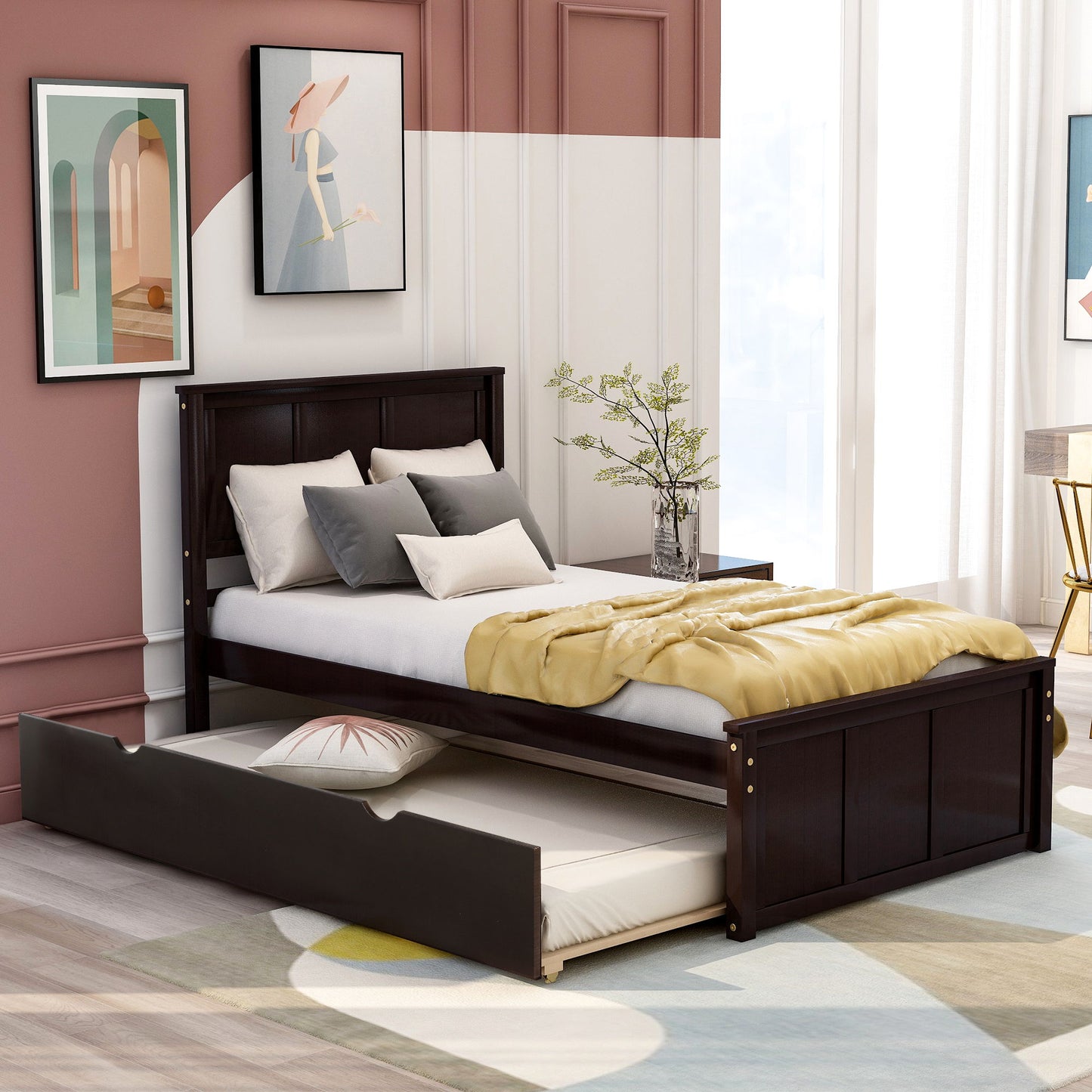 Platform Bed With Twin Trundle, Twin Size - Espresso