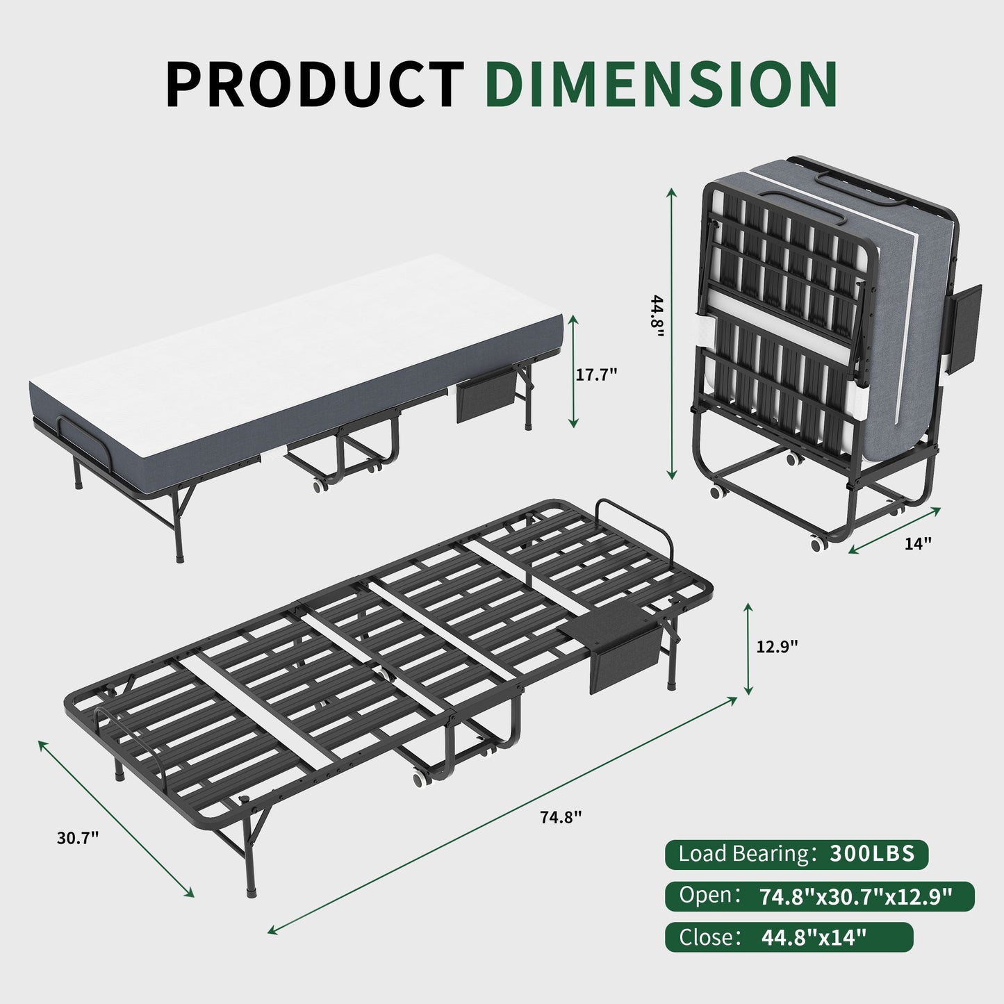 Twin Folding Bed With Memory Foam Mattress, On Wheels, Portable Bed For Adults & Guests - Black