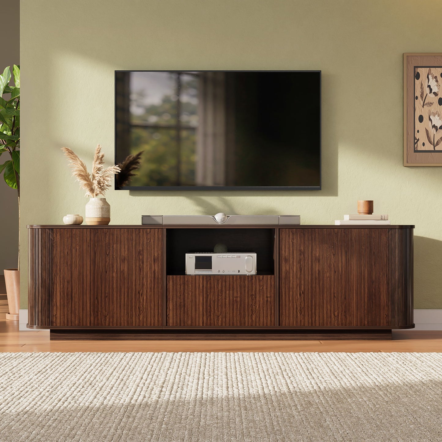 70" TV Stand With Ample Storage, Curved Corners - Dark Brown