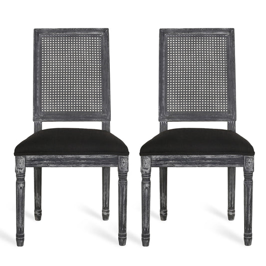 French Country Dining Chair With Rectangular Cane Backrest And Smooth Upholstered Seating