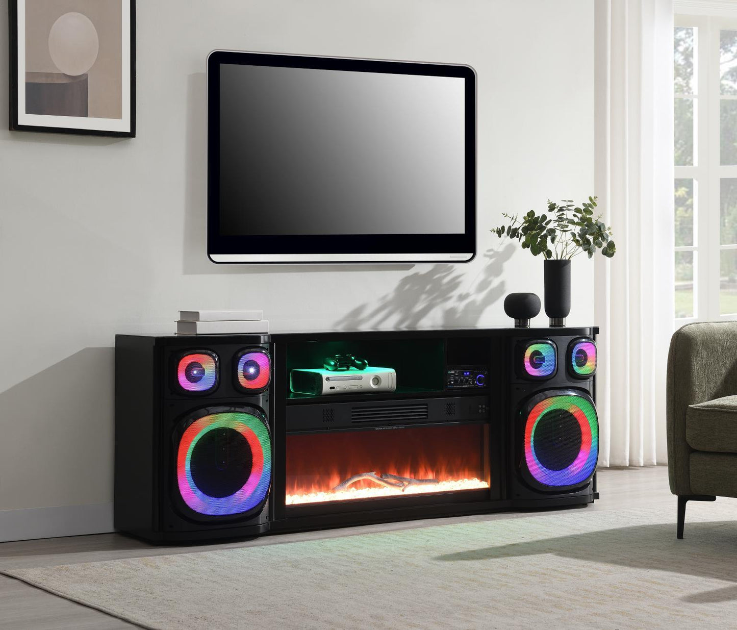 W029-TV - Fire Place TV Stand With Bluetooth Speaker, 7 Colors, RGB Downlights - Black