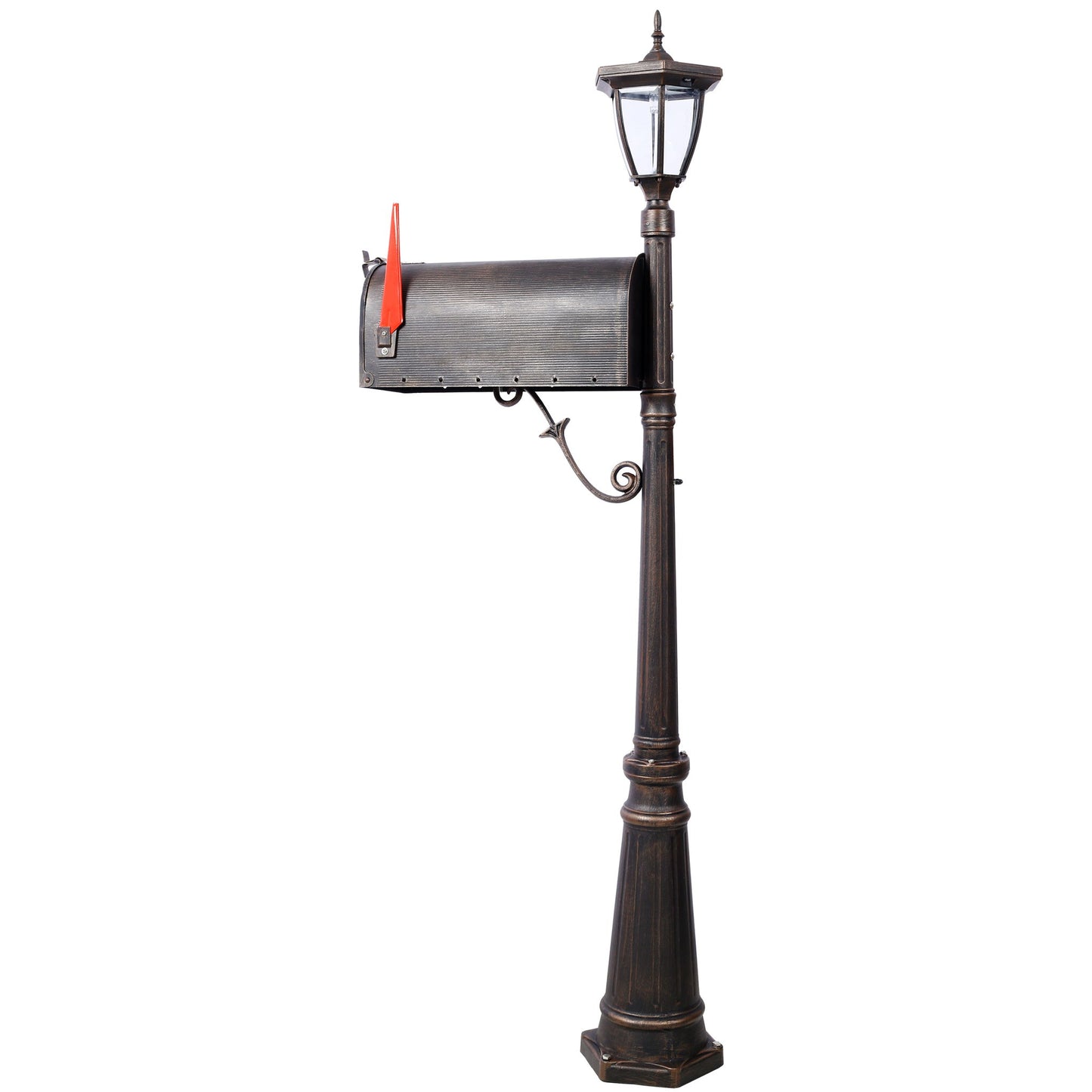Stratford - Heavy Duty Cast Aluminum Mailbox With Post And Solar Light, Fluted Base, Decorative Modern Mailbox - Brown