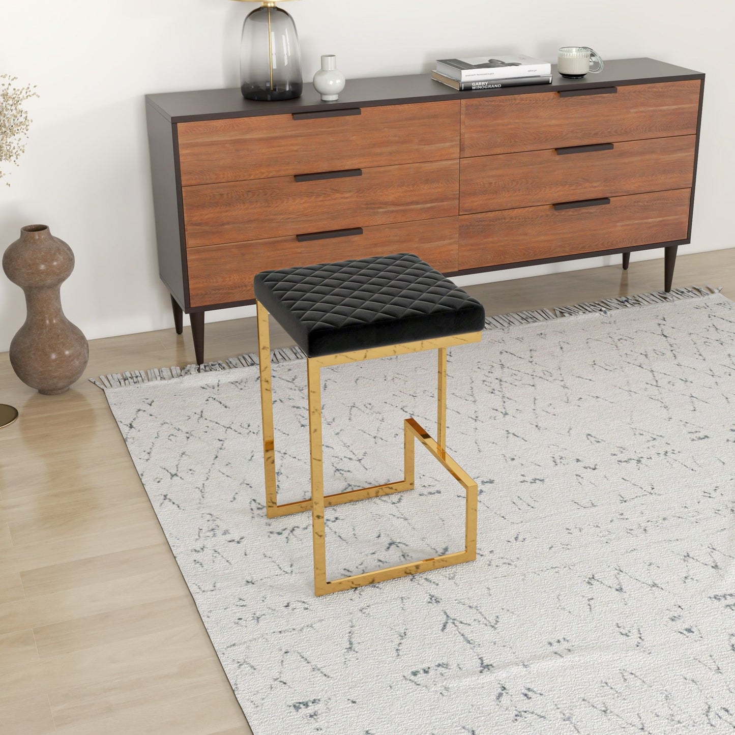 Joel - Mid-Century Modern Luxury Upholstered Stool - Black / Gold