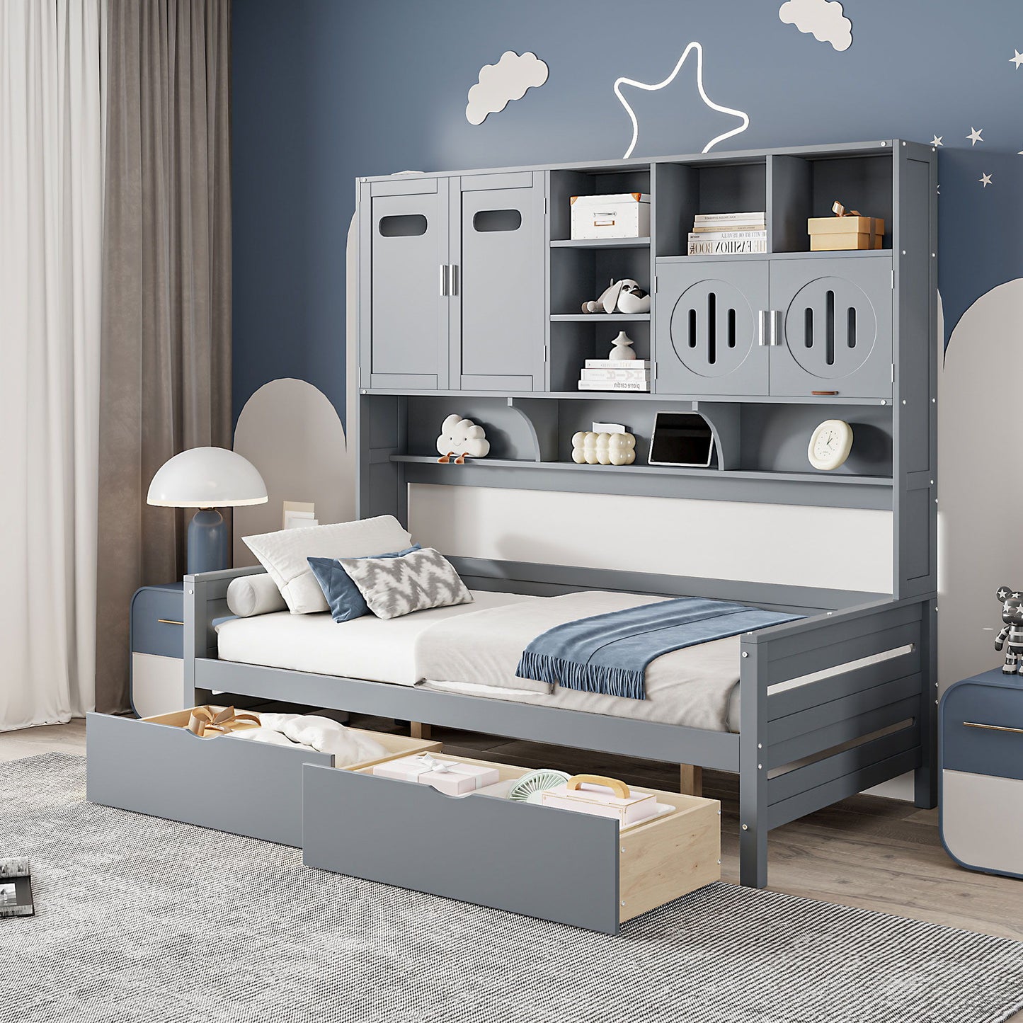 Daybed With All-In-One Cabinet And Shelf