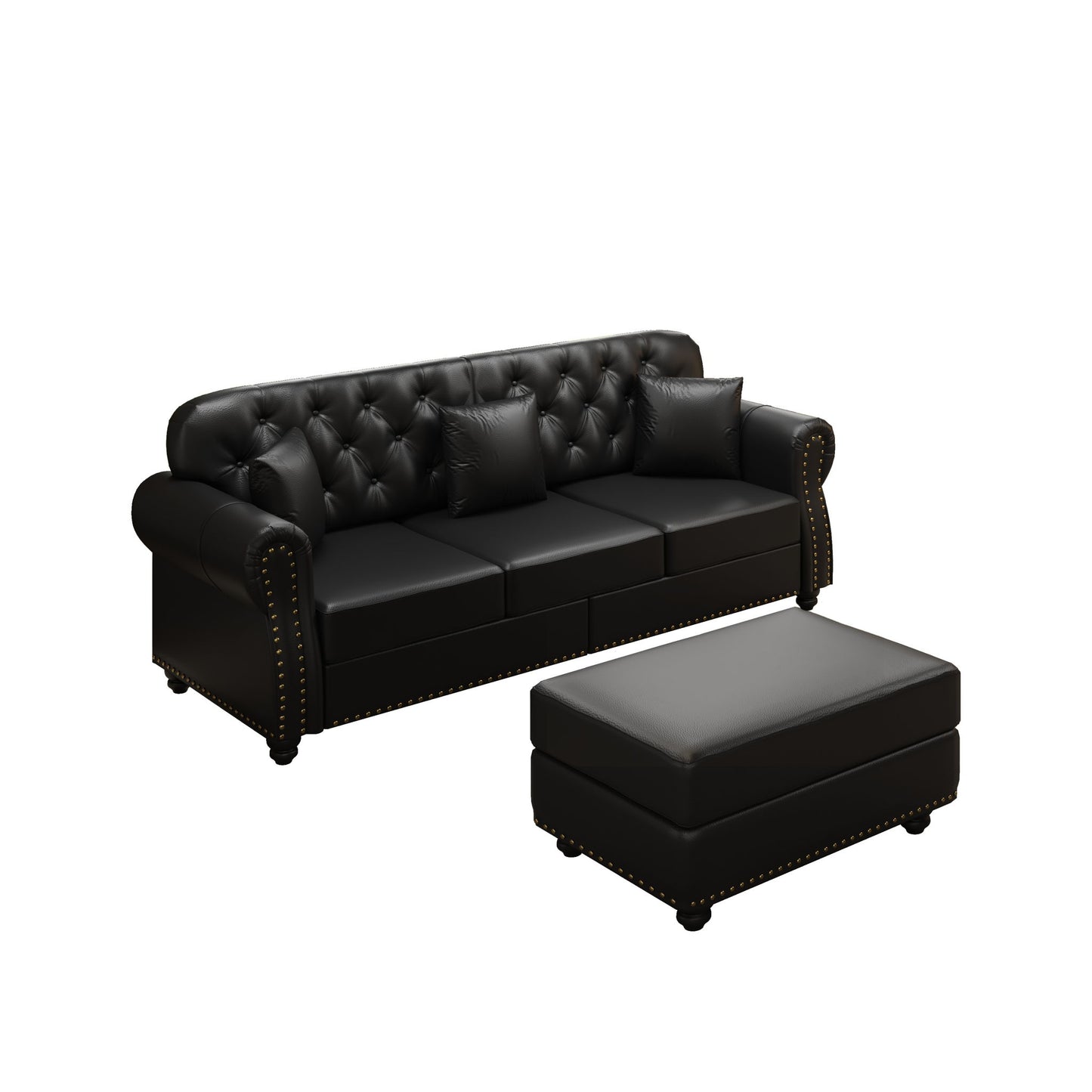 Upholstered Sofa With Nailhead Trim, Rolled Armrests With Ottoman