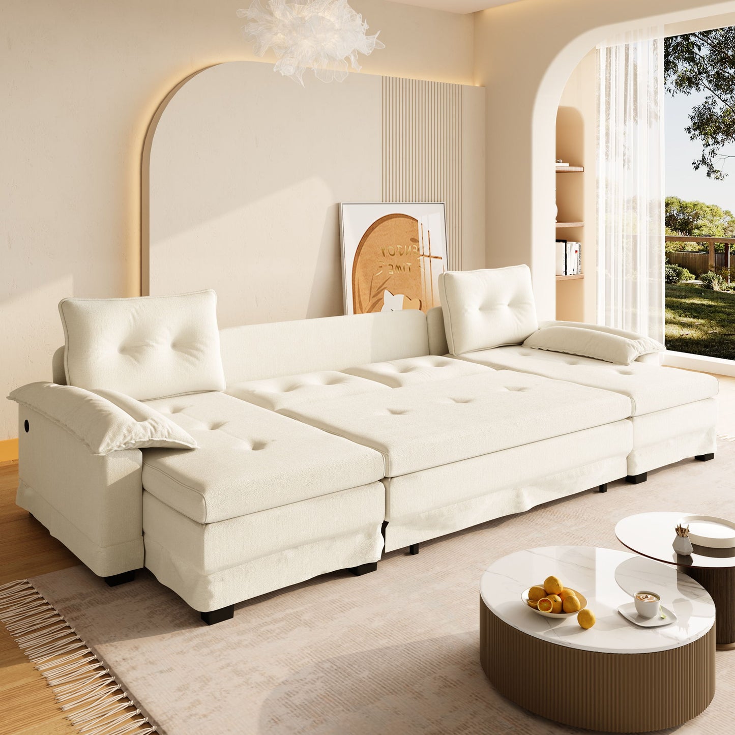U-Shaped Sleeper Sofa With Pull Out Bed, Removable Armrests & USB Ports For Living Room