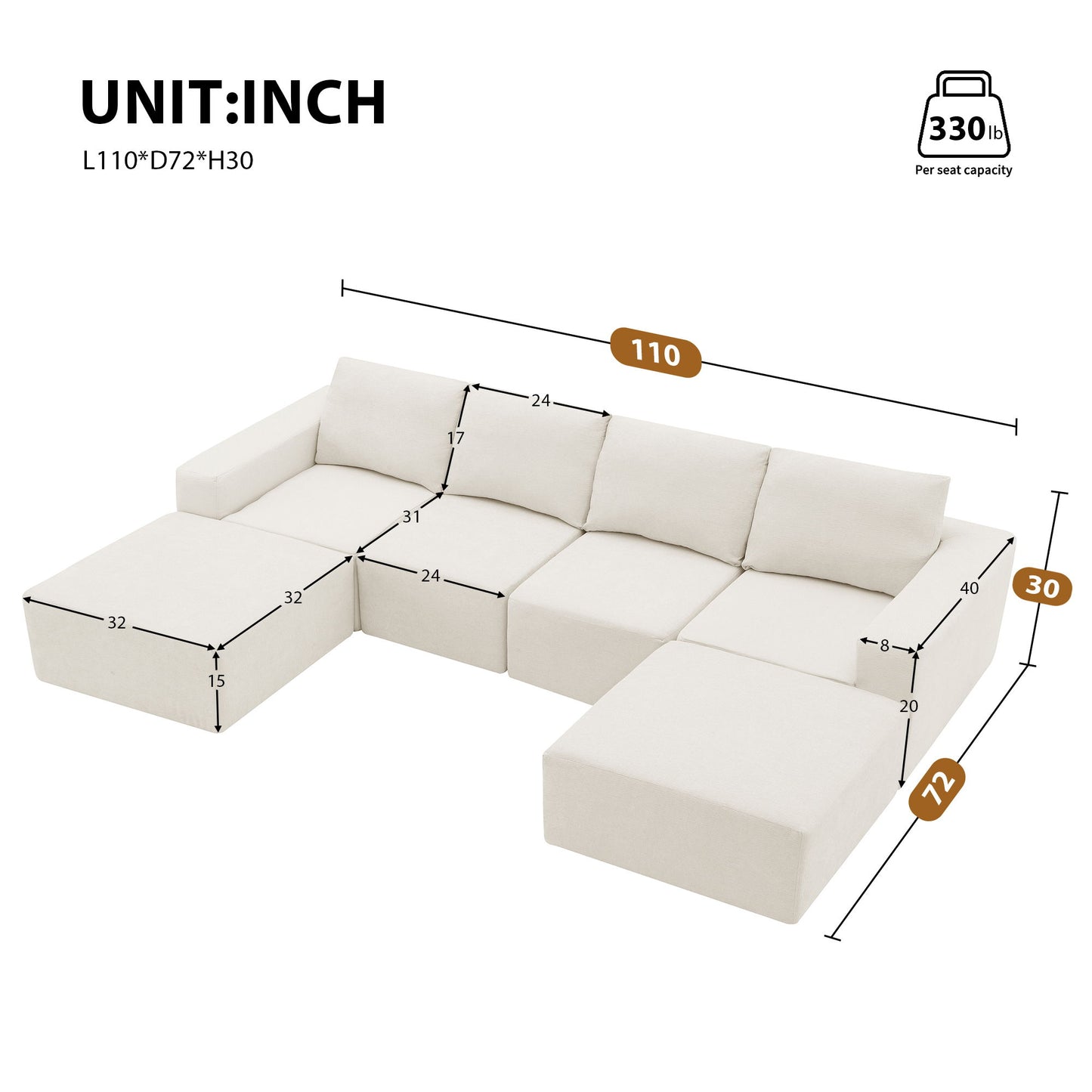Modular U Shaped Sectional With Ottomans, Luxury Cloud Floor Couch With Deep Seat Fully Compressed Upholstered Sofa