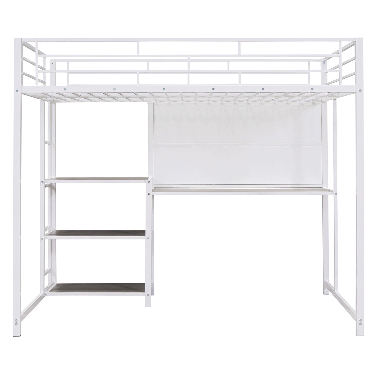 Metal Loft Bed With Desk, 3 Shelves And Ladder