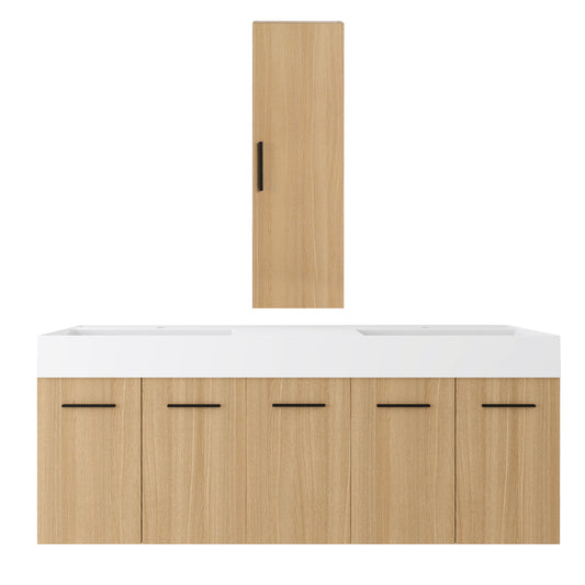 Floating Double Sink Bathroom Vanity Set With Tall Linen Cabinet, Extra Large Storage, Integrated Sink, Soft Close Doors - Glossy White / Light Oak