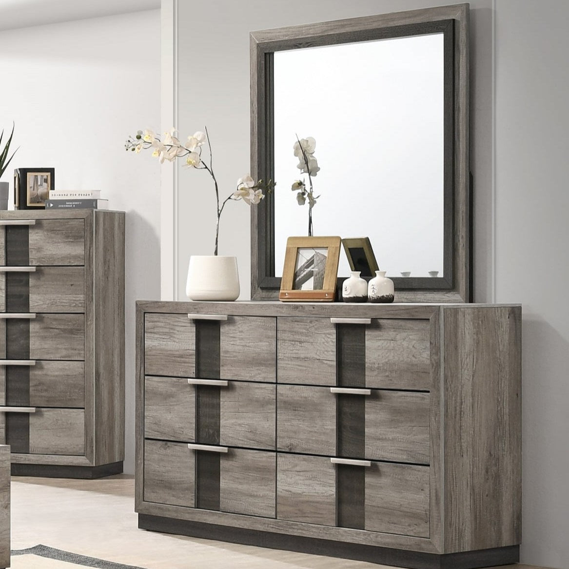 Contemporary Dresser Mirror with Wooden Trim