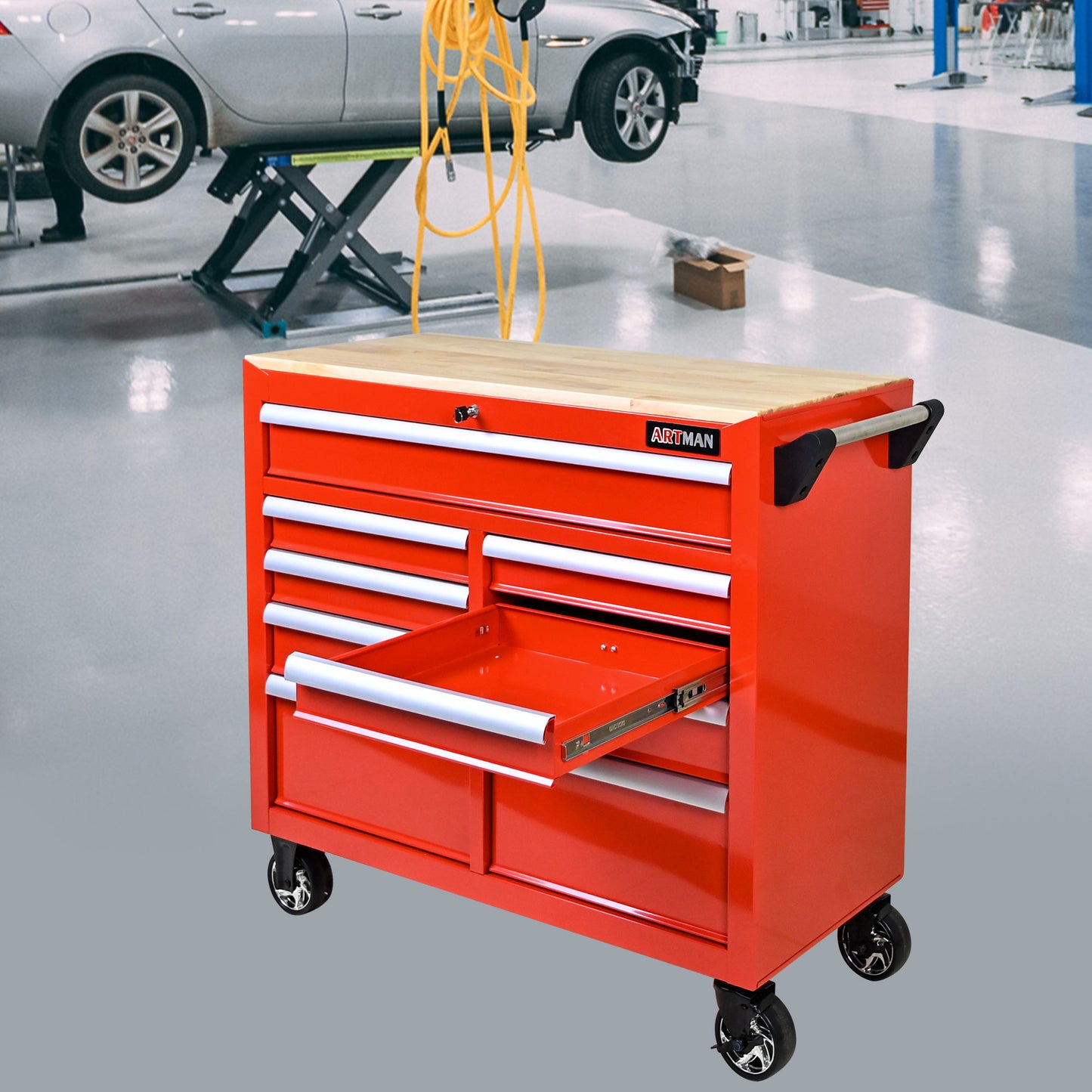9 Drawer Multifunctional Steel Tool Cart With Wheels And Wooden Top