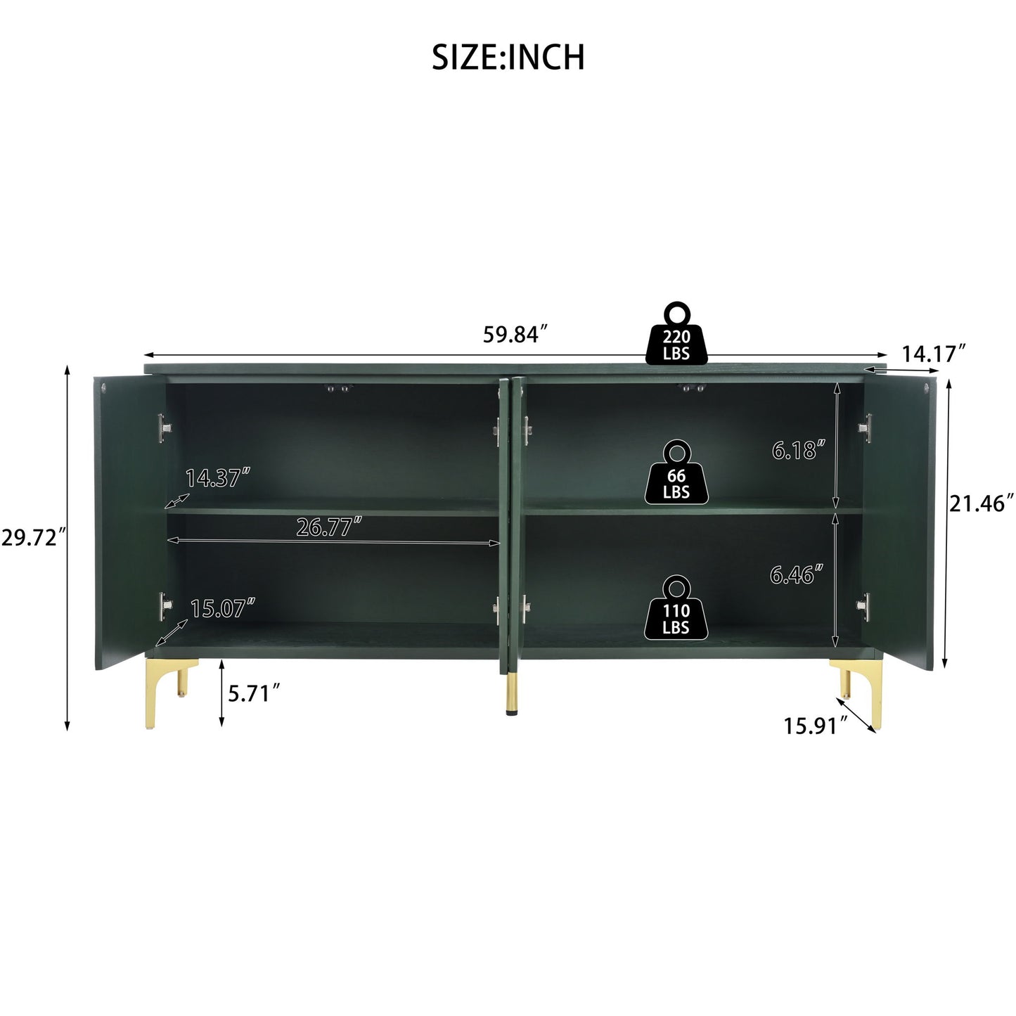 Modern Wood Sideboard Cabinet With Carved Door Panels, Adjustable Shelves, And Sturdy Metal Legs