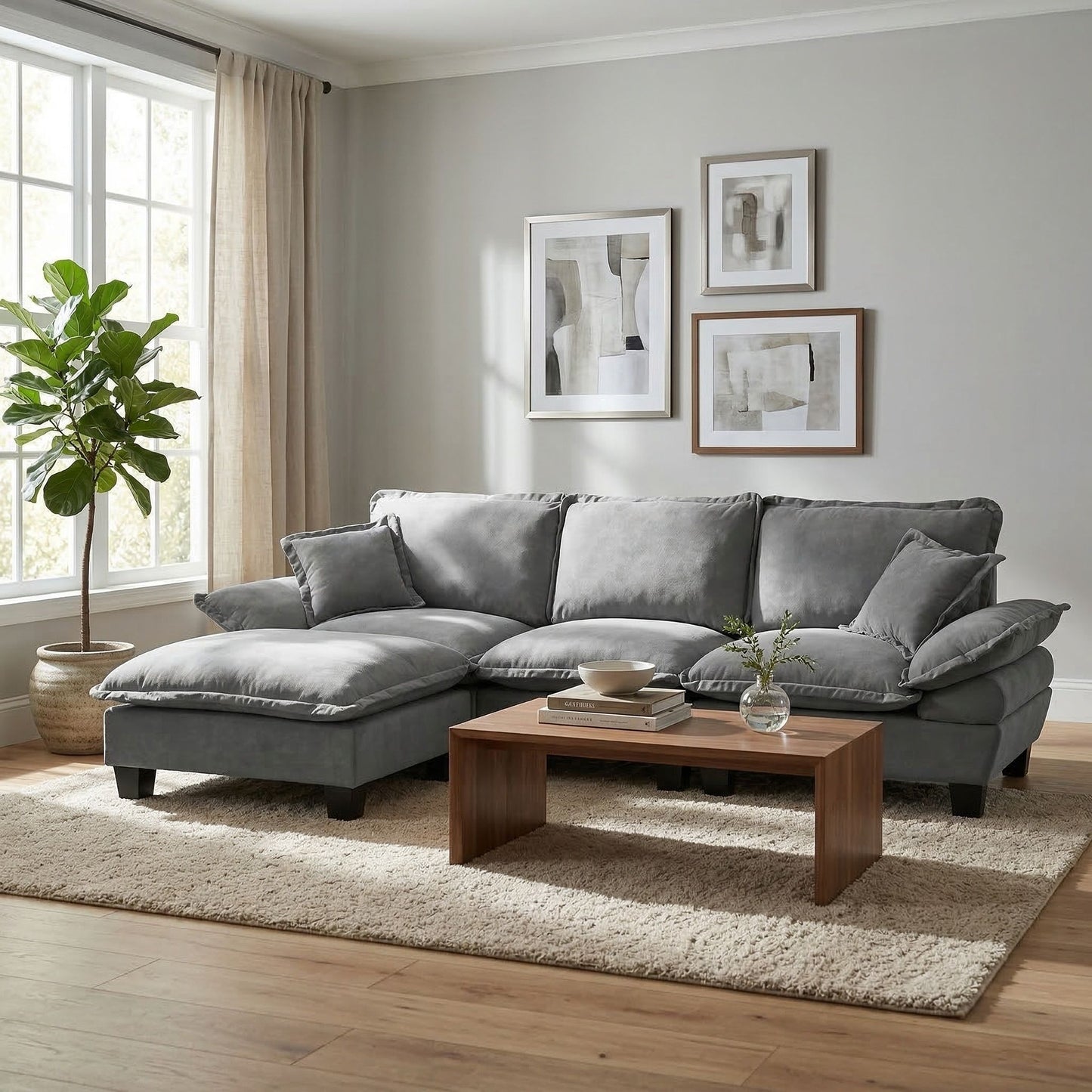 Modular Sectional Sofa With Movable Ottoman & Pillows