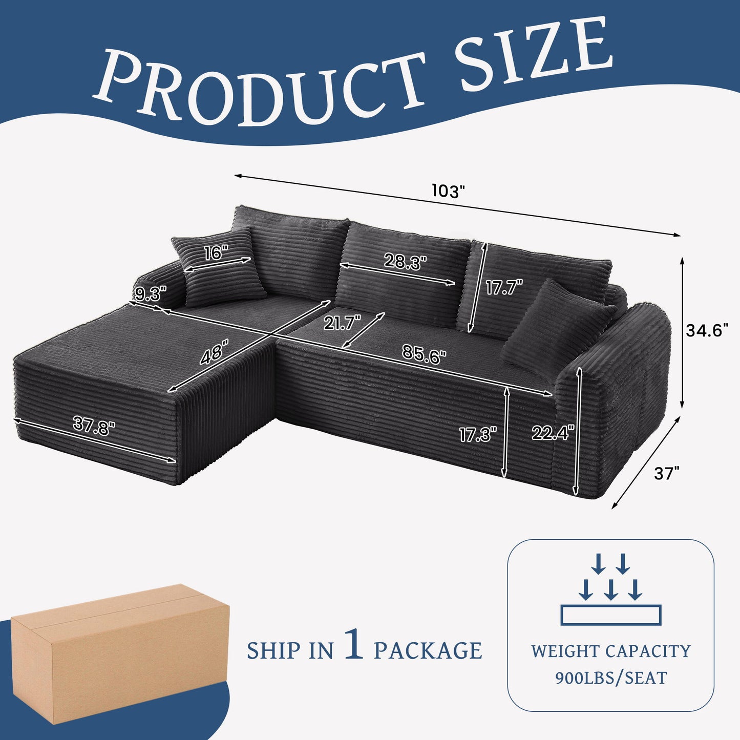Modular Corduroy Sectional With Arched Armrests, Includes 3 Back Cushions & 2 Throw Pillows